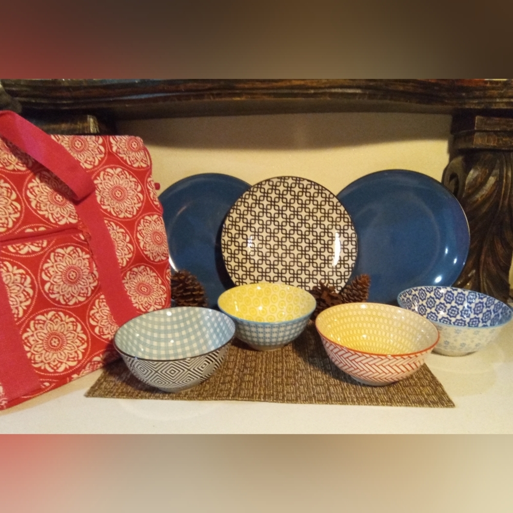 New Insulated Carry Bag & 8pc Dinnerware Set 💠 Geometric Design Happy Colors